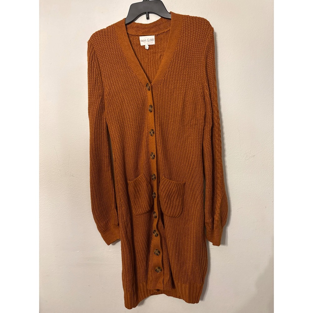 Olive & Oak Cardigan Women L Orange Excellent Longline Chunky Knit Button Up